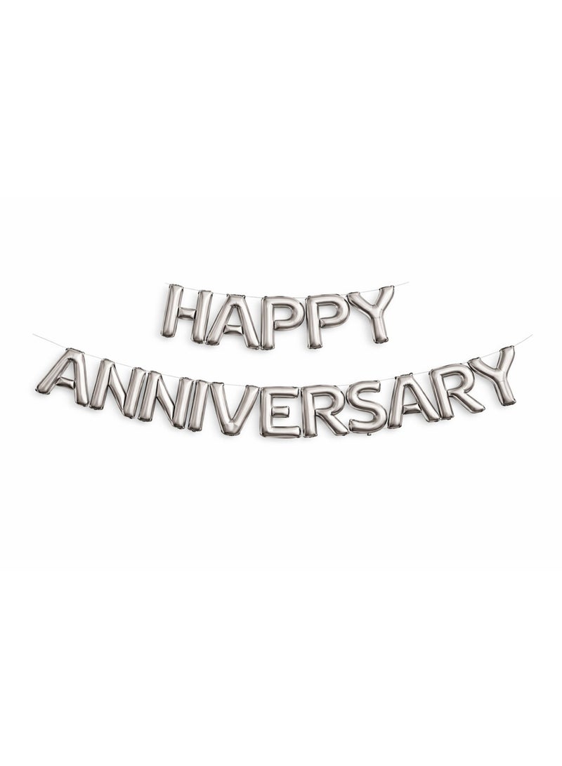 طقم بالونات ذكرى زواج فضية – بالونات حروف Happy Anniversary مع بالونات لاتكس فضية وبيضاء – مقاس 16 إنش – زينة احتفالات - Image 1
